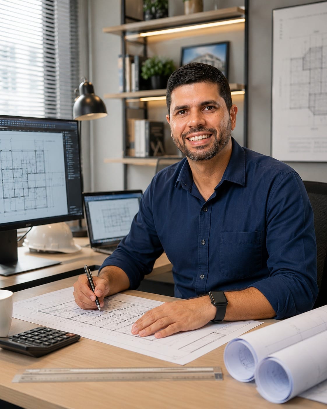Marciell Lima Sousa, Engenheiro Civil responsável pela M7 Engenharia, analisando projeto técnico
